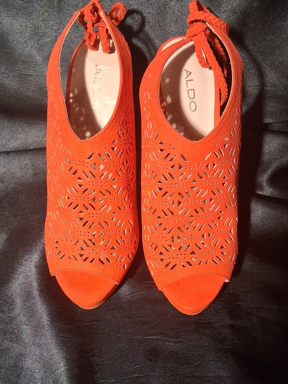 ALDO Orange Laser-Cut Peep-Toe Braided Ankle Tie Heels
